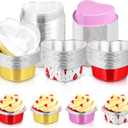 Cunhill 60 Sets Heart Shaped Cake Pans with Lids, 3.4 Ounces/ 100 ml, Aluminum Foil Mini Disposable Heart Cupcake Pans for Valentine's Day Wedding Parties Gift (Gold, Red, Pink, White)