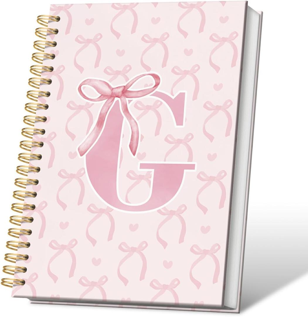 Coquette Preppy Pink Bow Spiral Notebook, Initial G Journal Personalized Teen Girl Gifts, Trendy Personalized Gifts for Women Teen Girl, Funky Girly Style Hardcover Spiral Notebook 5.5x8.3