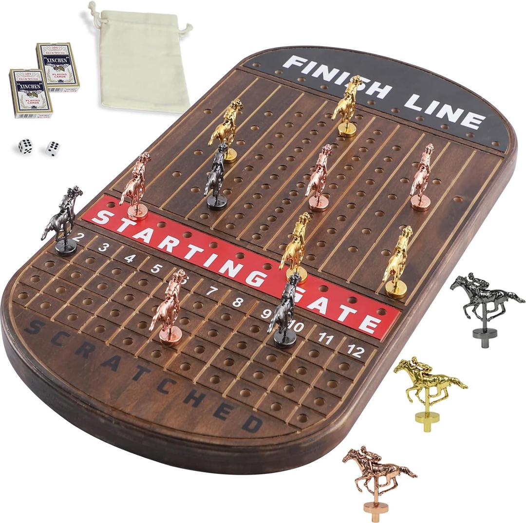 Large 21 Inches Horse Race Board Game Thickened Wood Finish Line Horse Racing Game for Friend's Party Included 11 Metal Horses,2 Dices and 2 Decks of CardsOval,Vintage Flame