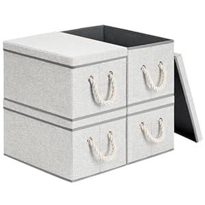 DIMJ Storage Bins with Lids - Decorative Storage Boxes with Lids and Soft Rope Handles, Foldable Storage Baskets for Organizing, Fabric Storage Bins for Shelf Closet Nursery Bedroom, 4 Pack White Grey