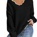 Pink Queen Women's Oversized V Neck Fuzzy Sweaters 2024 Casual Loose Long Sleeve Chunky Knit Pullover Jumper Tops (Large, Black)