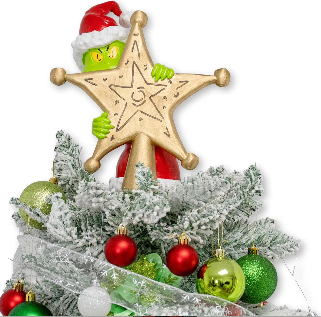 Decxmas 10 inch Christmas Tree Topper, Cute and Funny Christmas Thief Hiding Behind Gold Star Sculpted Tree Topper, HandPainted Unique Red Green Xmas Monster Decorations for Table Shelves Home Indoor