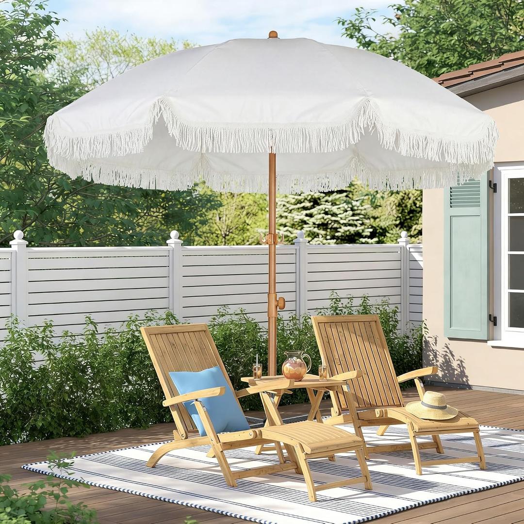 HOMEDEMO Boho Patio Umbrella with Fringe, Outdoor Tassel Umbrella with UPF50+ Sun Protection and Push Button Tilt, Premium Aluminum Pole & Fiberglass Ribs, Includes Hanging Hook
