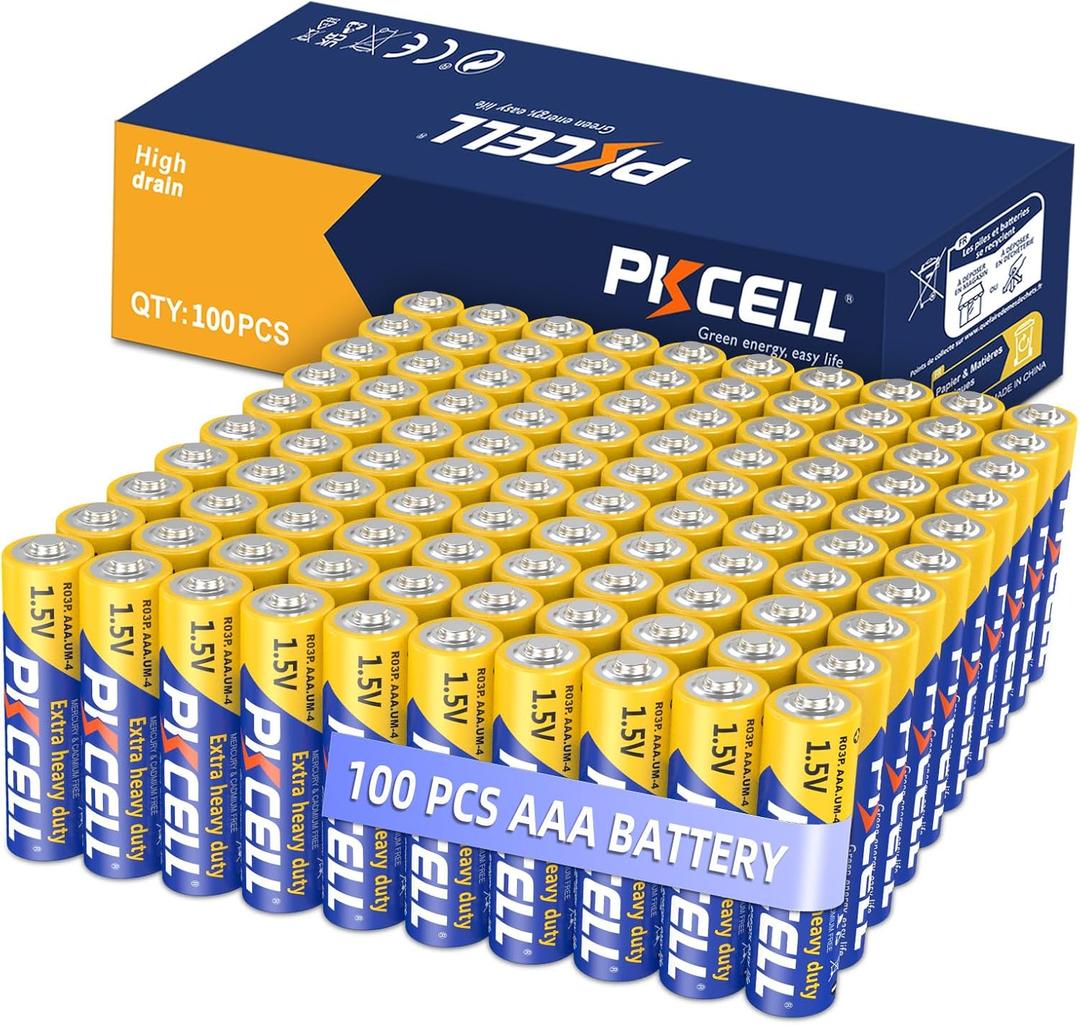 PKCELL AAA Batteries 100 Pack, Triple A Batteries, 1.5V High-Performance Carbon Battery for LED Candles Clock Remote Controls Flashlights