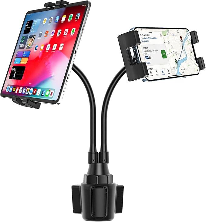 YOOZ Dual Car Tablet Mount for Cup Holder, Gooseneck Car Cupholder Tablet Holder with Strong Long Arm 10" for 412.9" Devices, iPad Pro Air Mini, Galaxy Tabs, Huawei, iPhone, Tablets & Phones