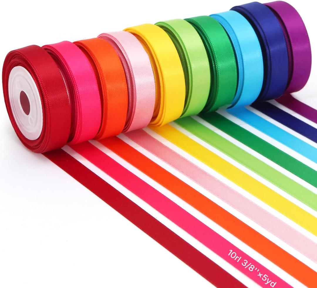 Rainbow Ribbons, 10 Rolls Ribbons, Colorful Satin Gift Wrapping Ribbons, 10-Color Craft Ribbons for Gift Wrapping & Bows, 5 Yards x 0.375 Inches