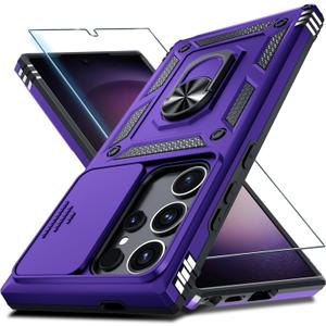 Janmitta Compatible with Samsung Galaxy S25 Ultra Case Built in Slide Camera Lens Cover+Screen Protector+Finger Ring Holder Kickstand, Heavy Duty Shockproof Full Body Phone Cover, 2025 Purple