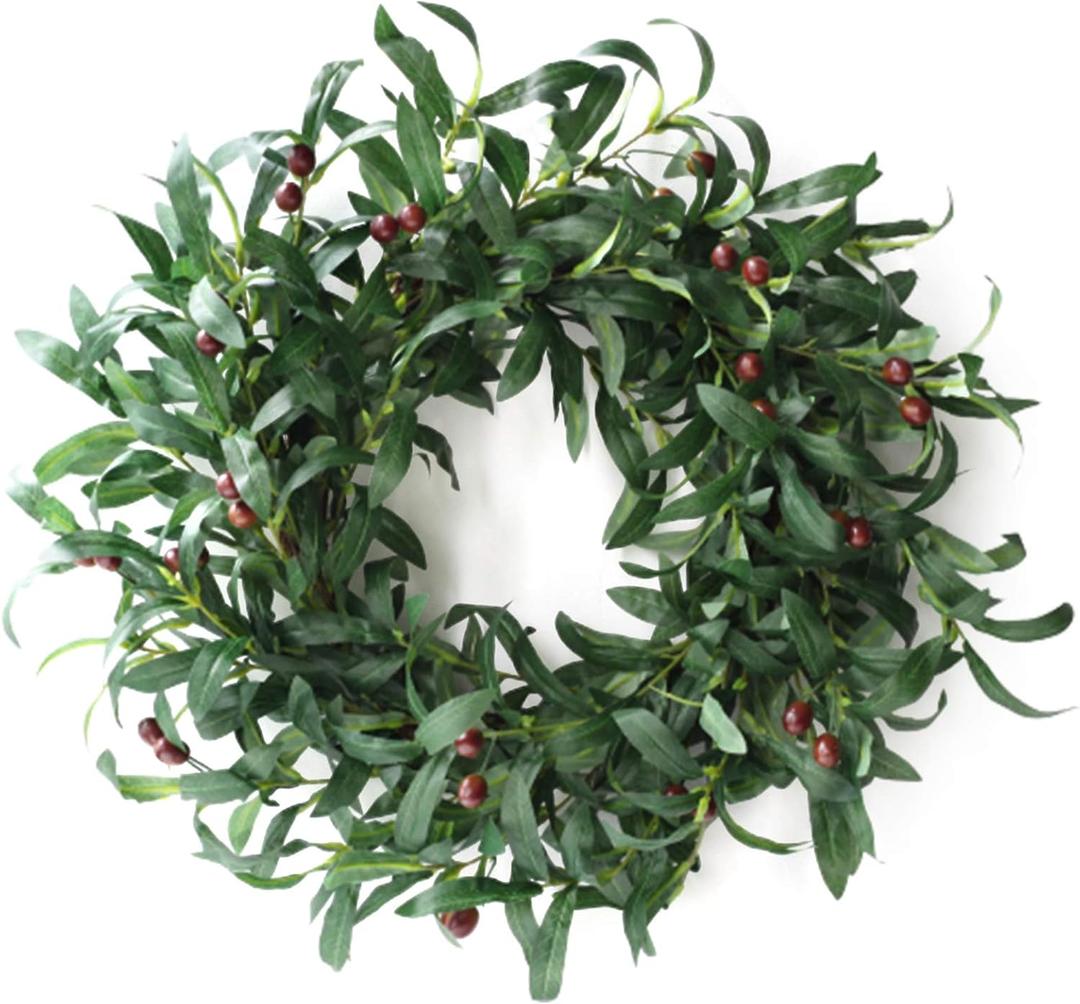 22inch Artificial Olive Wreath Olive Branch Greenery Wreath with Olive Fruit Front Door Wreaths for All Seasons for Wedding Wall Home Decor