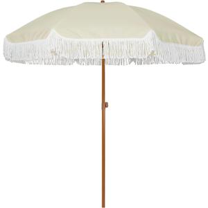 AMMSUN 7ft Patio Umbrella with Fringe Outdoor Tassel Umbrella UPF50+ Premium Steel Pole and Ribs Push Button Tilt, Light Beige