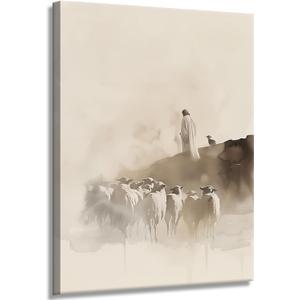 Jesus leaving 99 sheep Canvas Wall Art Jesus and Lamb Wall Decor Picture Good Shepherd Poster Print Bible Story Painting Artwork for Bedroom Home Room Decoration Prepare To Hang 16x24in