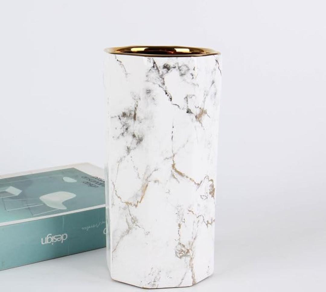 Generic White Gold Finish Marble 10"" Ceramic Flower Vase Home Decor Vase and Table Centerpieces Vase Octagon Modern Clean Minimalist, Noopy10525
