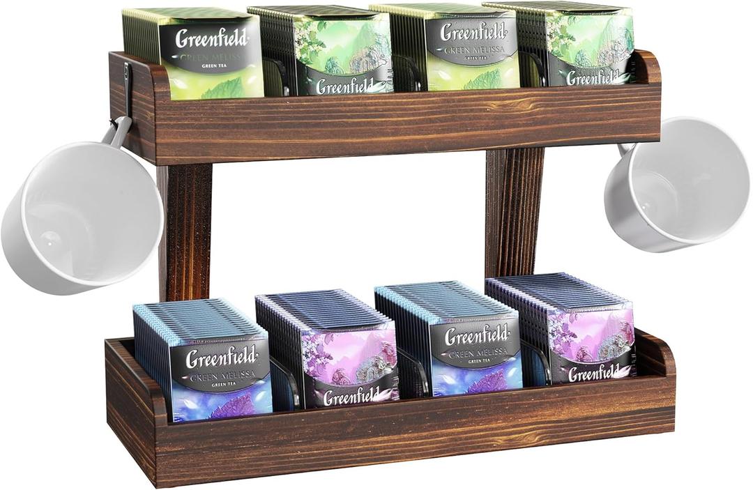 2 Tier Tea Bag Organizer for Counter, Wooden Teabag Holder with Adjustable Partitions and 2 Hooks, Tea Bag Storage Organizer Rack for Office, Kitchen, Cabinet, Pantry