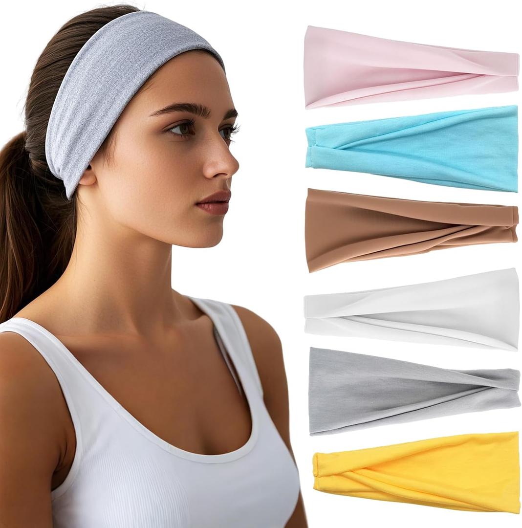 Headbands for Women - 6 Pack Wide Elastic Hair Bands | Stretchy Sweatbands Hair Bands | Soft Sports Thin Head Bands | Non-Slip Accessories Bands for Fashion, Washing Face, Workouts, Yoga, Daily Use, Light Pink/Blue/Gray/Khaki/White/Yellow