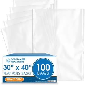 30" X 40" Open-End Flat Poly Bags (100 Count) - 2 Mil Clear Plastic Bags for Packaging, Shipping, Storage - No Adhesive Strip - Spartan Industrial
