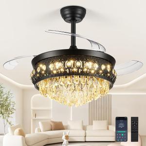 42" Fandelier Ceiling Fan with Light, Crystal Retractable Ceiling Fan with Lights and Remote, Chandelier Fans for Bedroom Living Room, Reversible DC Motor, Dimmable, 6 Speeds - Black