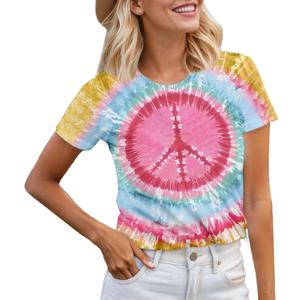 Women Hippie Shirt 60s 70s Tie Dye Hippie Costume T-Shirt Peace Love Tshirt Vintage Graphic Tee Tops, XL 