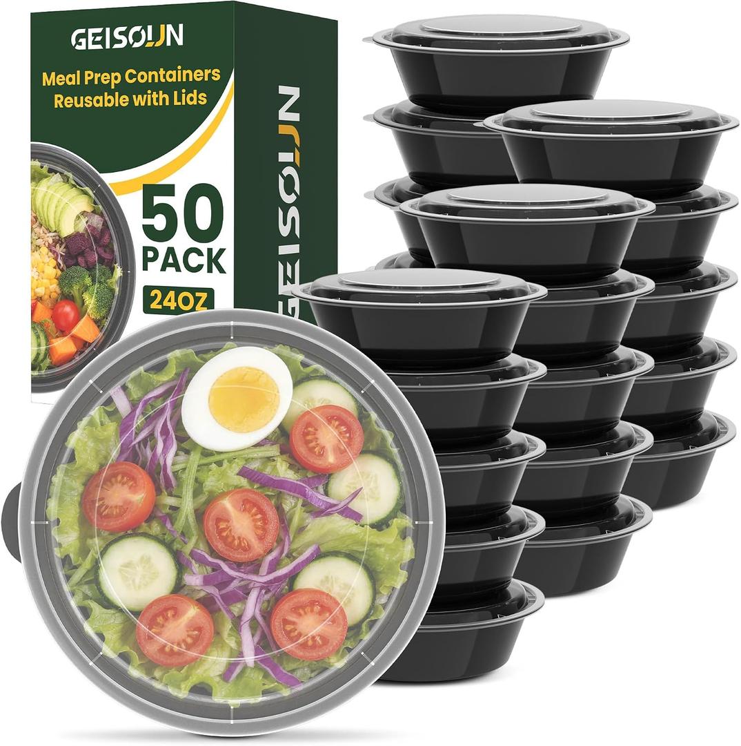 24oz Round 50-Pack Meal Prep Containers Reusable with Lids, To Go Take Out Plastic Food Storage Containers with Lids, Sturdy Leakproof & Food Safe, Microwave Freezer Dishwasher Safe Prep Containers