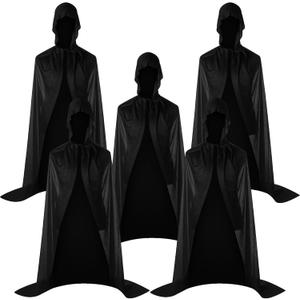Janmercy 5 Pcs Halloween Black Adult Cloak with Hood Unisex Hooded Cloak Cape Robe for Women Men Cosplay Costume Party (Monolayer,Black), 140cm