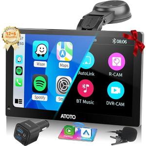 Wireless Portable CarPlay Screen & Android Auto, ATOTOEXCEL Portbale Car stereo, 7 inch QLED HD Touchscreen Auto-Dimmer Glare-Suppress, Car Radio Bluetooth Navigator, MirrorLink, AUX/FM