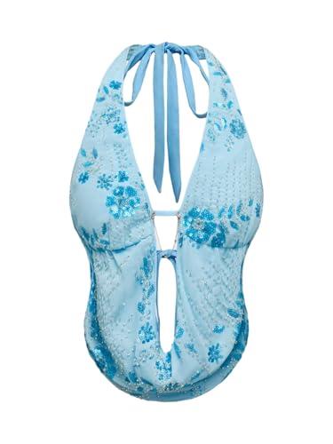 Verdusa Women's Cheetah Print Sequin Top Y2K Tie Back Corset Halter Going Out Crop Tops Blue Medium