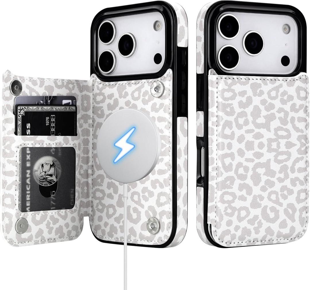 HAOPINSH Wallet Case for iPhone 17 Pro, Compatible with MagSafe Wireless Charging, White Leopard Cheetah Pattern Back Flip Folio Leather Kickstand Card Slots Case Double Magnetic Clasp Cover 6.3"
