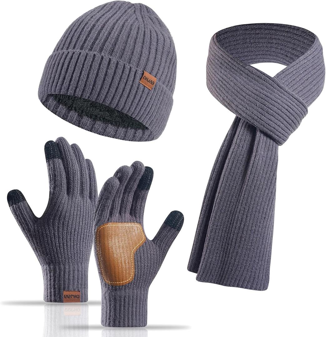 timecity Winter Beanie Hat Scarf Gloves Set for Women 3 in 1 Set Fleece Knitted Hat Warmer Scarf Touchscreen Gloves (Gray)