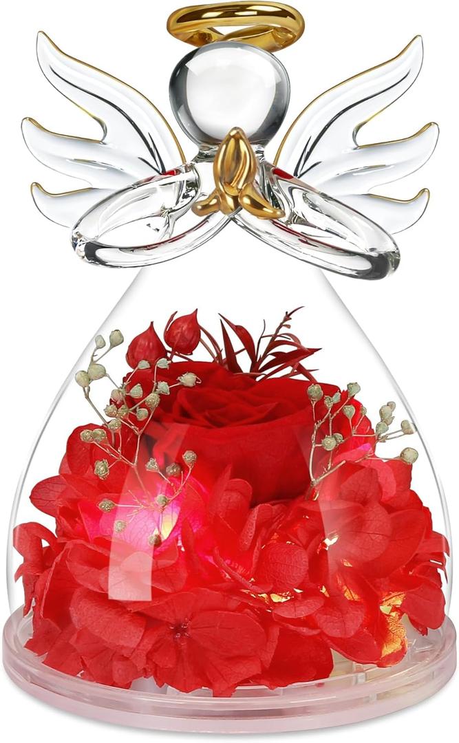 Valentines Day Rose Gifts for Her,Fresh Flowers for Delivery,Birthday Gifts for Women Mom,Preserved Flowers in Glass Angel Figurine,Mothers Day Rose Gift for Mom Grandma,Light Up Red Gift Valentines