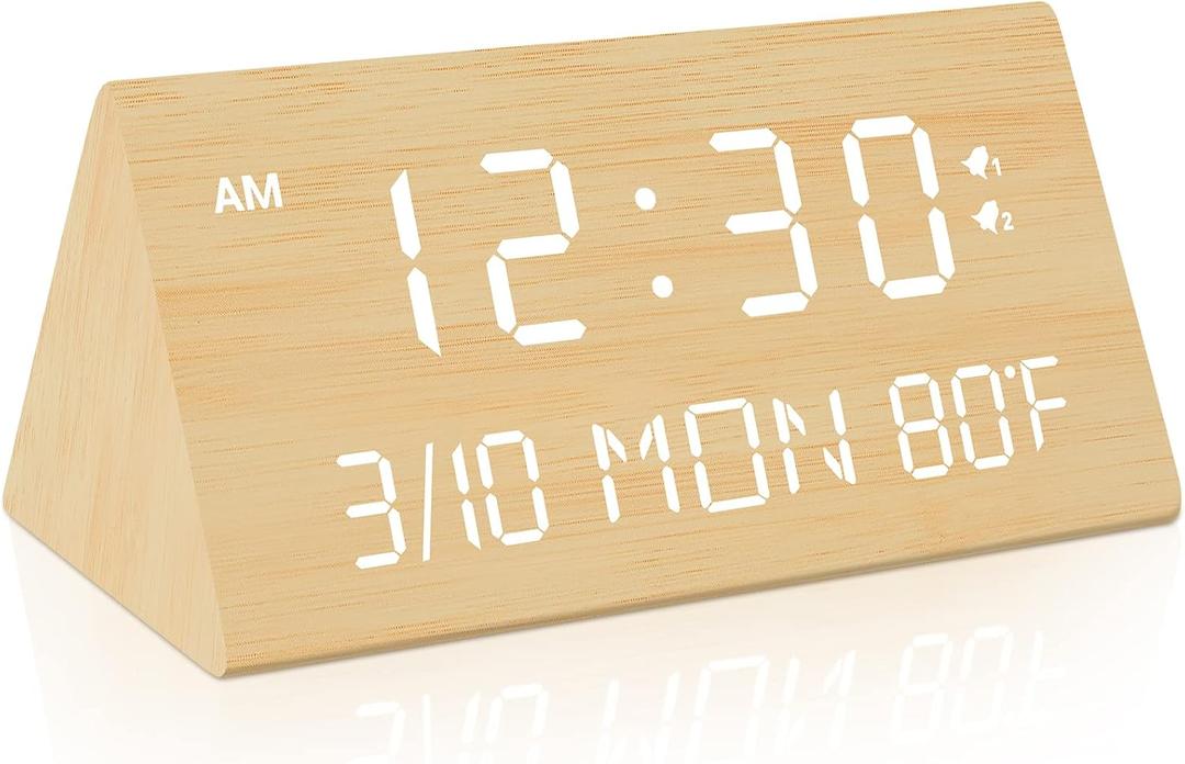 Kogonee Wooden Digital Alarm Clock, 0-100% Dimmer, 2 Alarm Settings, Weekday/Everyday Mode, 9 Mins Snooze, 12/24H, Temperature and Date Display for Office, Travel, Bedroom Alarm Clock (Bamboo), Small