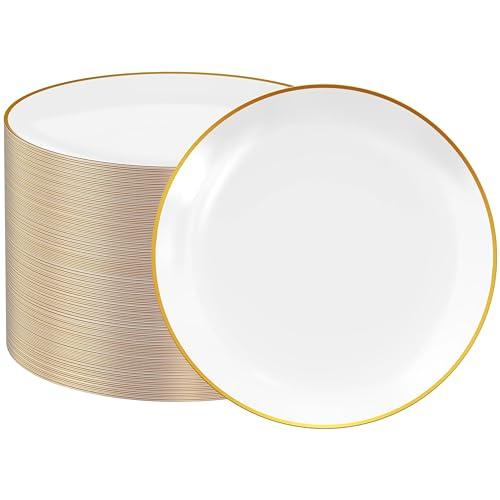 FOCUSLINE 100 Count Gold Plastic Plates 10.25 Inch, Disposable Heavy Duty Dinner Plates, Premium Hard Plastic Plate Fancy Disposable White Plate with Gold Rim