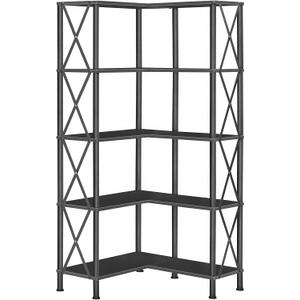 HOOBRO Corner Bookshelf, 5-Tier L-Shaped Bookcase, Industrial Open Display Shelf Tall Storage Organizer, Vertical Storage Rack, for Living Room, Home Office, Black BB60SJ01