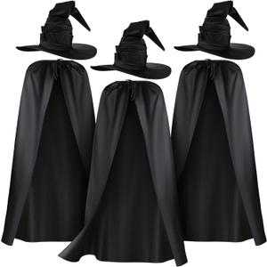 Coume 3 Pcs Halloween Witch Hat Black Large Ruched Witch Hat and 3 Pcs Witches Cape Black Cosplay Cloak Women Costume Accessory for Halloween Cosplay Carnival Party
