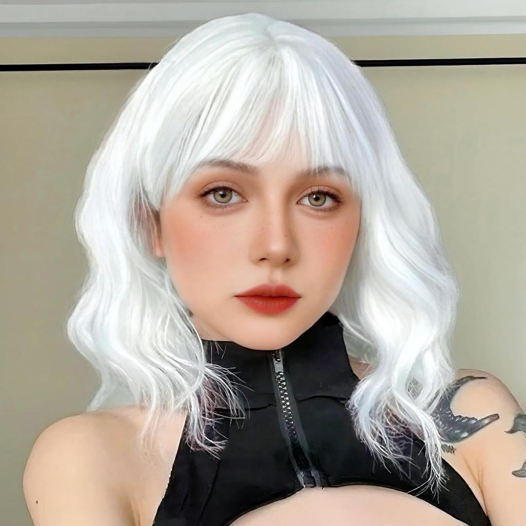LOSMOEER White Wig with Bangs Short Wavy Wigs for Women Shoulder Length Curly Bob Wigs Heat Resistant Synthetic Wigs for Halloween Cosplay Daily Party Use (14 Inch)