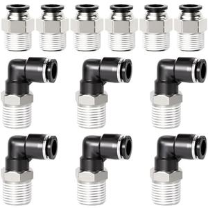 TAILONZ PNEUMATIC Elbow and Straight Combination 3/8 Inch Tube OD x 3/8 Inch NPT Thread Push to Connect Fittings PC-3/8-N3+PL-3/8-N3(Pack of 8)