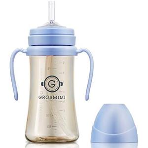 GROSMIMI Spill Proof no Spill Magic Sippy Cup with Straw with Handle for Baby and Toddlers, Customizable, PPSU, BPA Free 10 oz (Sky Blue)