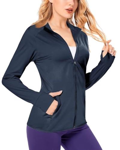 Boladeci Women's Athletic Jackets Lightweight UPF 50+ Sun Shirts Long Sleeve Full Zip Up Quick Dry Running Workout Jackets (Blue)