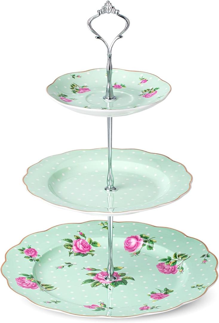 BTaT- 3-Tier Dessert Stand, Green, Afternoon Tea Stand, Porcelain Dessert Tower, 3 Tier Tea Sandwich Stand, Tiered Plate Stand, Tiered Plate Stand, Tea Party Tray 3 Tier