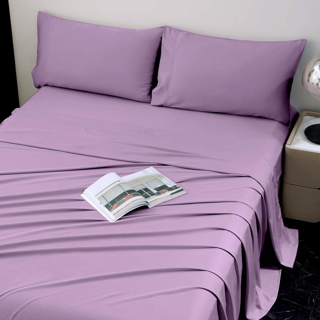 Viviland Cooling Queen Sheets, Bamboo Viscose with Elastic Corner Straps, Light Plum Cold Siky Sheet & Pillowcase Sets for Hot Sleepers