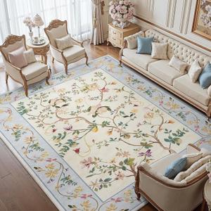 Jinchan Floraison Floral 6x9 Area Rugs Machine Washable Rug Netural Indoor Non Slip Chinoiserie Flower Printed Oriental Vintage Soft Carpet for Bedroom Living Room Dining Room Beige/Blue