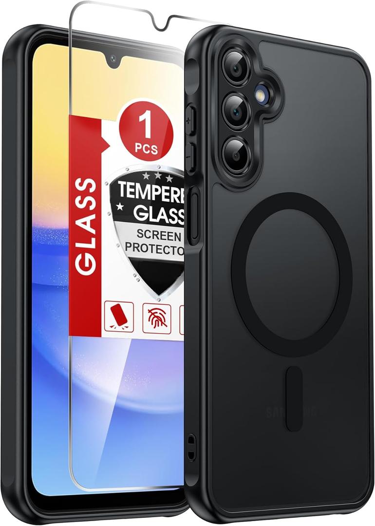 LeYi for Samsung Galaxy A15-5G Phone Case: Samsung A15 5G Case [Magnet Fit] with Screen Protector & Camera Bump Protection, Slim Frosted Translucent Soft-Touch para Samsung Galaxy A15 5G Case, Black