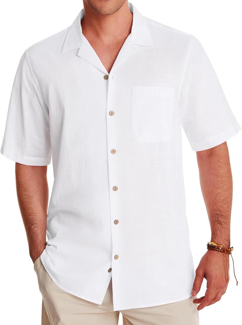 Alimens & Gentle Cuban Linen Shirts for Men Short Sleeve Button Down Shirt Cotton Summer Beach Camp Vacation Hawaiian Shirts (X-Large, White)