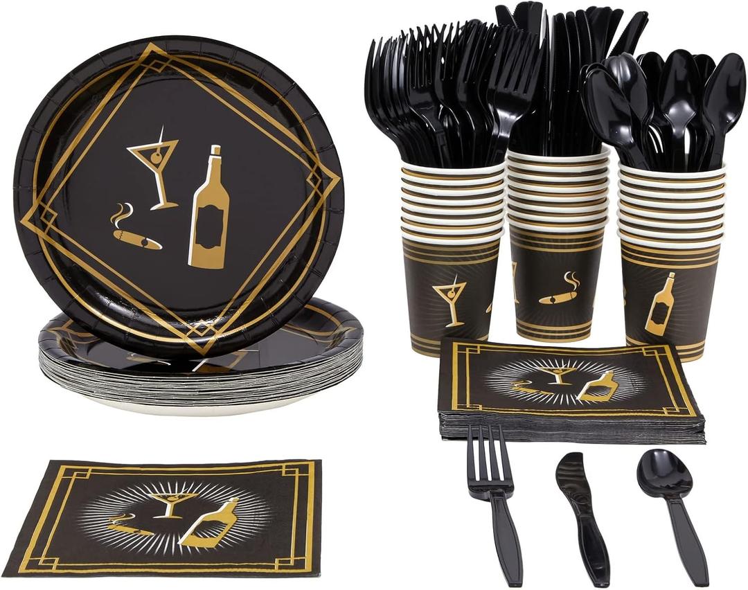 BLUE PANDA 144 Piece 1920s Party Decorations - Murder Mystery Party Theme Paper Plates, Cups, Napkins and Cutlery (Serves 24)