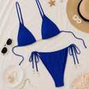 seamoly Women's Bikini Sets Ribbed Beaded Adjustable Spaghetti Strap Swimsuit Tie Side Thong Sexy 2 Piece Bathing Suit (Blue, L)