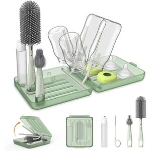 Travel Bottle Brush, Travel Bottle Cleaner Kit with Bottle Drying Rack, Transparent Green