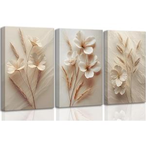 3Pcs Neutral Beige Floral Botanical Canvas Wall Art Modern Simple Texture Flower Plant Painting Picture Wall Decor Vintage Blossom Poster Print Artwork for Living Room Bedroom Bathroom