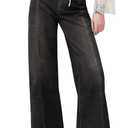 Women Wide Leg Baggy Jeans Mid-High Waisted Straight Stretchy Denim Pants Seamed Long Trousers (Black, M)