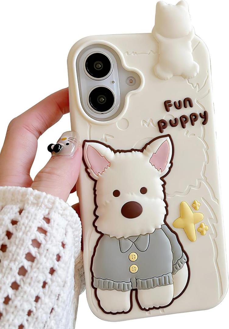 Kawaii 3D Dog Phone Case for iPhone 16 Pro Max, Cute Girly Cartoon Westie Phone Cover for Girls, Kids, Teens, and Women, White Soft Silicone