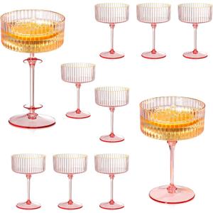 12 Pcs Detachable Martini Glasses 10oz Plasitc Pink Ribbed Coupe Glasses Gold Rim With Pink Stem Vintage Cocktail Glassware Set Unique Martini Glass For Champagne Wine Wedding Anniversary Bar