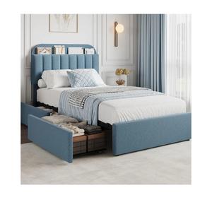 GarveeHome Twin Bed Frame with Storage Headboard, Kids Bed Frame with 2 Drawers, Boucle Upholstered Platform Bed with Bookcase, No Box Spring Needed, Easy Assembly, Blue