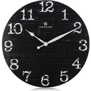 Lafocuse 12 Inch Silent Black Wall Clocks for Kitchen Living Room Decor, Wooden Rustic Wall Clock Battery Operated, Decorative Farmhouse Clock