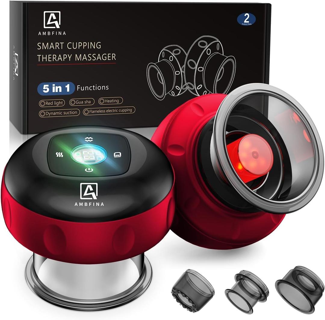 5-in-1 Cupping Kit for Massage Therapy, 12 Levels Smart Dynamic Cupping Set with Red Ligh-t Therapy&Heat Penetrates for Targeted Pain Relief, Knots, Aches, Muscle Soreness - 2Pcs(Red&Red)